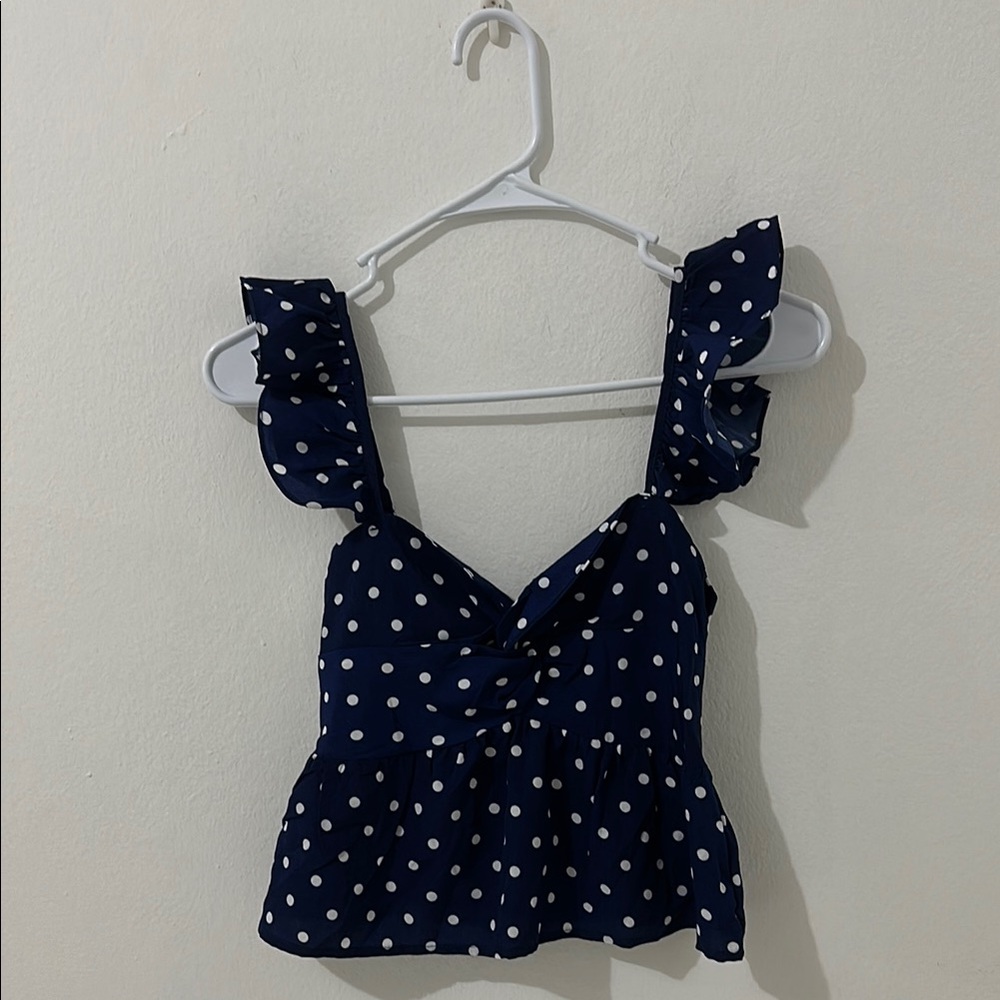 Romwe Navy Polka Dot Ruffle Top Size S- NEW never worn